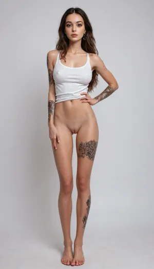 (beautiful slim petite girl anal:1.5), 1girl, 19years old, 40kg, 151cm, long hair, extremely loose oversized designed white tank top, large neckline with uncovered, busty, (42DDD cups:1.4), eyeliner, full body view, full body tattoos, many tattoos, 8k UHD, realistic photo, accurate eyes, realistic detailed eyes, realistic skin texture, high quality, photorealistic, extremely detailed, high resolution, high resolution face, high resolution eyes, <lora:milkers_v2:.8>