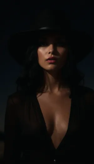 (cowboy hat, dark background, night sky, shadow play, dark shadow obscuring her eyes, shadowed eyes:2), (avant-garde snapshot esthetic, cowboy shot, romantic intimacy:1.5), (deep shadows, sharp contrasting shadows, dramatic lighting, lit from above, dark colored blouse:1.8), (masterpiece, best quality, 8k, RAW photography, award-winning), (vivid lipstick for a splash of color:1.4), (silky black hair, long hair hanging in loose waves, thick black hair:1.4), (open blouse, cleavage, unbuttoned blouse:1.4), (shallow depth of field, professional color grading:1.6), (softly blurred background:1.3), subtle vellus hairs, ziprealism, (dark, chiaroscuro, low-key), <lora:zavy-cntrst-sdxl:.4>