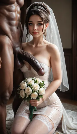 interracial, large black cock, BBC, very large black cock, giant black penis, Fine art nude of Iranian bride holding a white bridal bouquet in front of her chest, wearing only black lace stockings and a silk ribbon around her waist. Her groom kneels beside her, holding her hand, eyes locked in intimate connection, <lora:Super_Eye_Detailer_By_Stable_Yogi_SDPD0:.4>, <lora:b8174d41-8ba7-4318-bc14-53ee7e353d91.TA_trained:.9>, <lora:hinaMaybeBetterPoseXL_v5-NoobAI:.8>