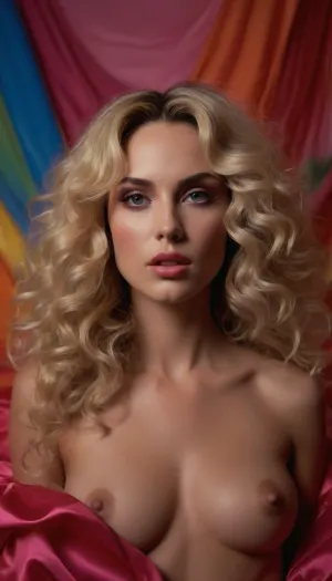 (style of David LaChapelle, David LaChapelle:1.8), (hyper feminine features, feminine allure, feminine perfection, seductive expression:1.8), (avant-garde fashion esthetic, nude study, medium shot, low angle view, sharp focus, focus on eyes:1.6), (masterpiece, best quality, 8k, RAW photography, award-winning), (ash blonde hair with dark roots, long hair hanging in loose waves, thick voluminous hair:1.4), (shallow depth of field, professional color grading, HDR, uncompressed, RAW photograph:1.4), (natural skin texture, realistic skin details, subtle vellus hairs:1.2), (intricately detailed hair, natural hair texture:1.2), (expressive eyes, limbal ring, detailed iris texture, realistic eye texture:1.2), ziprealism