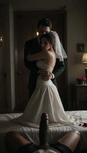 (POV of an giant black man with large black penis standing in the doorway near the cuckold Groom and bride), ((The white cuckold man is lifting the bride's skirt he is inviting)), a Curvy Persian bride in a beautiful white slutty and cutout wedding dress sitting on a luxurious bed, ((white cuckold groom in a suit gently hugging her)), sitting on bed, (both looking at each other lovingly), soft candlelight and moonlight glowing in the room, rose petals scattered around, dreamy and intimate atmosphere, fantasy style, highly detailed, A romantic bedroom scene, cinematic lighting, romantic_couple_poses, <lora:dark:.5>, <lora:1365620_training_data:.5>, <lora:milkers_v2:.4>, STANDING_SPLIT, High, Leg, Raise, Hands, on, Legs, <lora:07ac4985-9d81-4e34-b10f-8324b4227e1c.TA_trained:.8>