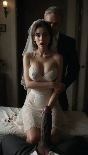 (POV of an giant black man with large black penis standing in the doorway near the cuckold Groom and bride), ((The white cuckold man is lifting the bride's skirt he is inviting)), a Curvy Persian bride in a beautiful white slutty and cutout wedding dress sitting on a luxurious bed, ((white cuckold groom in a suit gently hugging her)), sitting on bed, (both looking at each other lovingly), soft candlelight and moonlight glowing in the room, rose petals scattered around, dreamy and intimate atmosphere, fantasy style, highly detailed, A romantic bedroom scene, cinematic lighting, romantic_couple_poses, PEOPShockedFace, shocked, face, eyes, popping, out, mouth, open, anime, cartoon, <lora:dark:.4>, <lora:1365620_training_data:.5>, <lora:milkers_v2:.4>, <lora:PE_OP_ShockedFaceMeme:.8>, dynamic, lighting, <lora:Dynamic_Lighting_by_Stable_Yogi_SDXL3_v1:.8>