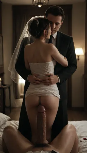 (POV of an giant black man with large black penis standing in the doorway near the cuckold Groom and bride), ((The white cuckold man is lifting the bride's skirt he is inviting)), a Curvy Persian bride in a beautiful white slutty and cutout wedding dress sitting on a luxurious bed, ((white cuckold groom in a suit gently hugging her)), sitting on bed, (both looking at each other lovingly), soft candlelight and moonlight glowing in the room, rose petals scattered around, dreamy and intimate atmosphere, fantasy style, highly detailed, A romantic bedroom scene, cinematic lighting, romantic_couple_poses, <lora:dark:.4>, <lora:1365620_training_data:.5>, <lora:milkers_v2:.4>, dynamic, lighting, <lora:Dynamic_Lighting_by_Stable_Yogi_SDXL3_v1:.8>, blacked, cover, blackedwear, ass, breasts, <lora:BLACKED_girls:.8>