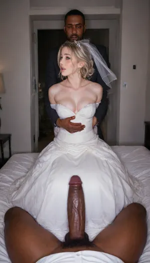 (POV of an giant black man with large black penis standing in the doorway near the cuckold Groom and bride), ((The white cuckold man is lifting the bride's skirt he is inviting)), a Curvy Persian bride in a beautiful white slutty and cutout wedding dress sitting on a luxurious bed, ((white cuckold groom in a suit gently hugging her)), sitting on bed, (both looking at each other lovingly), soft candlelight and moonlight glowing in the room, rose petals scattered around, dreamy and intimate atmosphere, fantasy style, highly detailed, A romantic bedroom scene, cinematic lighting, romantic_couple_poses, dynamic, raw, lighting, overexposed, harsh, flash, <lora:1365620_training_data:.5>, <lora:milkers_v2:.4>, <lora:Dynamic_Lighting_by_Stable_Yogi_SDXL3_v1:.8>, <lora:Rawfully Stylish v0.2_epoch_20:.8>