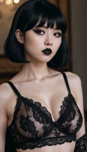 gothic, goth, (asian), pale skin, dark black eyes, black hair, bangs hair, black eyeliner, (black lipstick), white skin, perfect eyes, small eyes, detailed eyes, small nose, good anatomy, ultra detailed, high resolution, fake breasts, slut face, whore, (ahegao:1), sexy posing, <lora:PaintSTYLE_XL-v1:1>