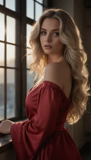 (hyper feminine features, feminine allure, feminine perfection, extreme femininity, seductive expression:1.8), (masterpiece, best quality, 8k, RAW photography, award-winning), (ash blonde hair with dark roots, long hair hanging in loose waves, thick voluminous hair:1.4), (avant-garde snapshot esthetic, romantic intimacy, medium full shot, sharp focus, focus on eyes:1.6), (artist's loft, large industrial windows, morning sunlight streaming through windows:1.6), (wearing a crimson silk robe, off shoulder, seductive pose), (shallow depth of field, professional color grading, HDR, uncompressed, RAW photograph:1.4), (natural skin texture, realistic skin details, subtle vellus hairs:1.2), (intricately detailed hair, natural hair texture:1.2), (expressive eyes, limbal ring, detailed iris texture, realistic eye texture:1.2), ziprealism
