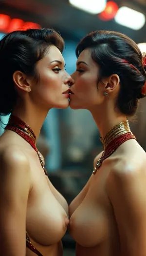 Star trek, lesbian vulcans kissing nude, <lora:MJ52:.8>