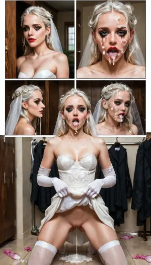 (((Multiple panels:1.6))), (((before and after:1.9))), pale skin, changing room, (sad face:1.1), (pale white skin:1.4), albino skin, (white hair), messy hair, (zoomed out view:1.3), wedding dress, white stockings, white elbow gloves, (smeared makeup:1.1), (running eyeliner:1.1), (smeared eyeliner:1.1), cleavage, torn clothes, small breast, perky breasts, skinny face, sharp face features, skinny legs, small ass, skinny thighs, shaved pussy, (cum on face:1.5), (excessive cum leaking from mouth on to chest:1.1), (excessive cum leaking from pussy:1.1), cum on pussy, kneeling, lifting dress up to expose pussy, used condoms, running, dribble, from, tongue, tears, in, mouth, chin, nose, lip, forehead, lipstick, smear, crying, gagged, gagging, oral, invitation, after, fellatio, cum, on, face, cumshot, cumfacial, facial