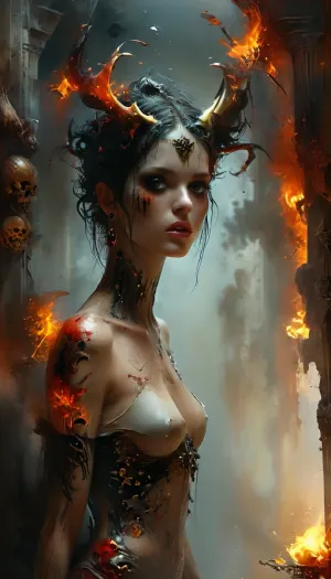 nude sexy goddess of death with open black and gold skull armore in a corridor filled with columns of skulls, view breasts, Crown of flames on the head, fireball, inferno, ((full body view)), very Long black demon horns, ((red skulls tattoos)), Solar lights from hell outside cast a crimson glow emphasizing her silhouette, . Hyper-realistic, dark fantasy style, art by Luis Royo and Julie Bell, (best quality), (detailed), (wallpaper), (cinematic lighting), (sharp focus), (intricate), drkms, <lora:MJ52:1.2>, <lora:xl_more_art-full_v1:.4>, <lora:DarkGrimFantasyXL-000004:.5>