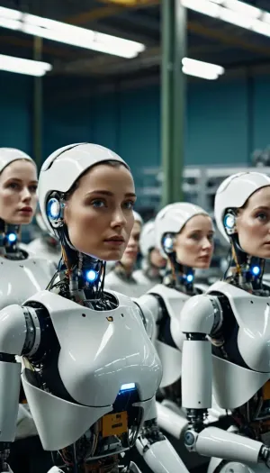 Disassembled robots on assembly line, human faces, human skin, woman out of frame
