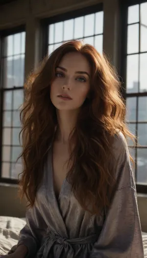 (hyper feminine features, feminine allure, extreme femininity, seductive expression:1.8), (masterpiece, best quality, 8k, RAW photography, award-winning), (rich auburn hair with dark roots, long hair hanging loose, thick voluminous hair, stray strands of hair:1.4), (avant-garde, high fashion esthetic, romantic intimacy, medium full shot, sharp focus, focus on eyes:1.6), (artist's loft, large industrial windows, morning sunlight streaming through windows, dappled light, shadow play, cozy bedroom nook:1.6), (wearing a sexy lavender silk robe, open robe, seductive pose, messy hair, morning hair), (shallow depth of field, professional color grading, HDR, uncompressed, RAW photograph:1.4), (natural skin texture, realistic skin details, subtle vellus hairs:1.2), (intricately detailed hair, natural hair texture:1.2), (expressive eyes, limbal ring, detailed iris texture, realistic eye texture:1.2), ziprealism