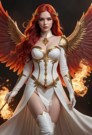 Full body, Talene, Resurging Flame, angel, obsidian finch, female, mage, (fire magic), elegant, radiant, caring, kind, (extremely long fire red hair), (pale skin), (white dress with feather motif and gold accents), (white thigh high boots with gold accents), (white sleeved gloves that go to her elbows with gold accents), (two sets of fire red wings sprouting from her back), (large sword with fire motif), (phoenix aesthetic), (celestial vibes)