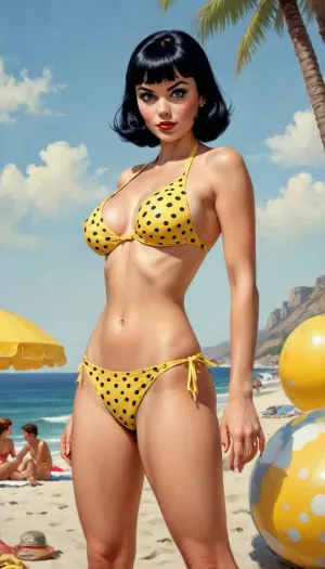 ((full body view, wide angle view)), NSFW, frank Frazetta sketch of Vintage beach movie poster, (black bob-cut hair with bangs), Latina, blue eyes, orgasm facial expression, cleavage, (((itsy-bitsy yellow polka dot bikini))), shaved pussy, pinup, red lipstick, JC Leyendecker, Ron Cobb, Norman Rockwell, 1960s PULP, triadic Colors, French Riviera themed background, breasts, big, boobs, huge, tits, <lora:bombshell_v2:.6>