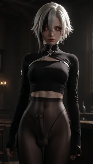 UHD 8K, beautiful firm medium tits, futa, arlecchino_\, (genshin_impact\), ((japan)), white hair, Mascara running, ((Red glowing pupils)), ((Black gloves:1.5)), extreme realism, maximum detail, slim figure, detailed skin, real lighting, futa at the bar in a club, penis bulge under pantyhose, penis bulge, black cut long sleeve, half-naked tits, cum on tits, 1D, seamless, pantyhose, 20D, on, leaning, foreward, <lora:580159_training_data:.5>, <lora:dark:.5>, <lora:arlecchino_new:.5>, <lora:seamless pantyhose-000003:.5>, erect-futa, erect-penis, woman, testicles, erection, <lora:SDXLlora13ErFut:.8>