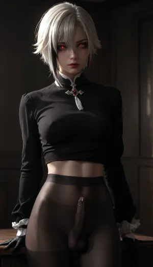 UHD 8K, beautiful firm medium tits, futa, arlecchino_\, (genshin_impact\), ((japan)), white hair, Mascara running, ((Red glowing pupils)), ((Black gloves:1.5)), extreme realism, maximum detail, slim figure, detailed skin, real lighting, futa at the bar in a club, penis bulge under pantyhose, penis bulge, black cut long sleeve, half-naked tits, cum on tits, 1D, seamless, pantyhose, 20D, on, leaning, foreward, <lora:580159_training_data:.5>, <lora:dark:.5>, <lora:arlecchino_new:.5>, <lora:seamless pantyhose-000003:.5>, erect-futa, erect-penis, woman, testicles, erection, <lora:SDXLlora13ErFut:.8>