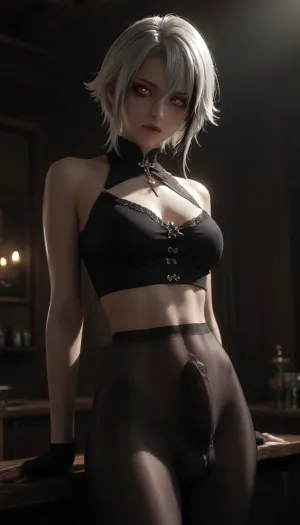 UHD 8K, beautiful firm medium tits, futa, arlecchino_\, (genshin_impact\), ((japan)), white hair, Mascara running, ((Red glowing pupils)), ((Black gloves:1.5)), extreme realism, maximum detail, slim figure, detailed skin, real lighting, futa at the bar in a club, penis bulge under pantyhose, penis bulge, black blouse, cum on blouse, cum on tits, 1D, seamless, pantyhose, 20D, on, leaning, foreward, <lora:580159_training_data:.5>, <lora:dark:.5>, <lora:arlecchino_new:.5>, <lora:seamless pantyhose-000003:.5>, erect-futa, erect-penis, woman, testicles, erection, <lora:SDXLlora13ErFut:.8>