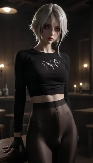 UHD 8K, beautiful firm medium tits, futa, arlecchino_\, (genshin_impact\), ((japan)), white hair, Mascara running, ((Red glowing pupils)), ((Black gloves:1.5)), extreme realism, maximum detail, slim figure, detailed skin, real lighting, futa at the bar in a club, penis bulge under pantyhose, penis bulge, black shirt, cum on shirt, cum on tits, 1D, seamless, pantyhose, 20D, on, leaning, foreward, <lora:580159_training_data:.5>, <lora:dark:.5>, <lora:arlecchino_new:.5>, <lora:seamless pantyhose-000003:.5>, erect-futa, erect-penis, woman, testicles, erection, <lora:SDXLlora13ErFut:.8>
