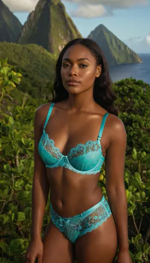 full-body portrait of a, (typical), (19 year old), (Saint Lucia woman), (colorfull lace-lingerie, bra and panties), standing in a typical Saint Lucia landscape.