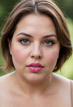 (masterpiece, best quality, photorealistic, ultra-detailed, highres, soft lighting), (obese:1.3), (gilf:1.3), 65 y.o., Macedonian, chubby heart-shaped face with refined features, thick arched eyebrows, large hazel-green eyes with long thick eyelashes, straight nose with delicate tip, very plump glossy lips with bright pink hue, high cheekbones, soft chin, wrinkles on face, olive skin with warm undertone, few faint freckles on nose, straight white teeth, natural, no make-up, bright lipstick, lips parted, mouth open, teeth showing, centered face, symmetrical, plump lips, sultry parted lips, shoulder-length wavy auburn hair framing face, in a softly blurred gradient background, <lora:add-detail-xl:.7>