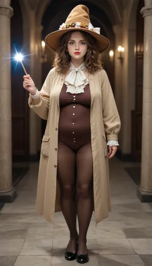 Old woman, Giant troll fucks cancer Hermione_Granger, Hogwarts, chubby woman, front view, big sagging tits, standing, full body, brown stocking, black shoes, brown gloves, white frill, red lips, magical hat, The Wizard's mantle, There's a magic wand in his hand, The woman stands with her legs wide apart, white bow on the neck, The brown raincoat, The magic room