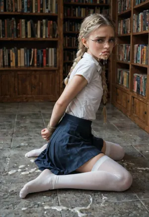 (tears 1.5), beautiful 22 y/o blonde girl with braided pigtails, ((pretty young face)), (skinny body 1.6), white stockings, round glasses, (sad face 1.5), (angry face 1.5), (cry 1.5), ((in library)), ((hands tied behind the back)), mascara flowed, ultimate realism, skirt raised, cinematic masterpiece, (anal gape 1.9), ((cum dripps out anal on floor 1.1)), ((cum dripps out mouth on floor 1.1)), (realistic cum 1.5), rear view, <lora:boringRealism_primaryV4:.3>