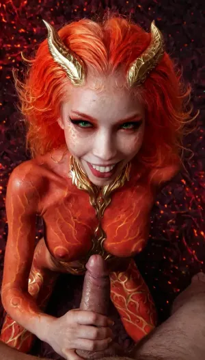 ((high quality)), ((4k)), ((orange colour hair)), green glowing eyes, Beautiful face, shy face, Very skinny body, petite, slender body, sport body, full body view, horned demon girl, ((full glowing gold colour tattooed)), big horns on her head, look at me, eye contact, (red skin:1.65), full red lips, naked, on a white bed, high detailed face, high detail skin, high detail tits, high detail eyes, shy smile, kneeling, top view, open mouth, big fat white cock, (((handjob))), (((deep throat))), <lora:WB2.2:.6>, <lora:DonMD3m0nXL-000010:.5>, <lora:EnvyInfernalXL01:.5>, <lora:204106_training_data:.5>
