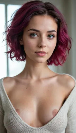 Deepthroat blowjob, sloppy blowjob, full portrait of woman, ((18 years old)), cheeky smile, ((high detailed skin)), high quality, detailed skin texture, (highly detailed hair), ((skinny body)), ((slim body)), (realistic), soft focus, insanely detailed, highest quality, ((cropped sweater)), midriff, white thong panties, messy shaggy Bob haircut, (underboob:1.3), English woman, dyed hair