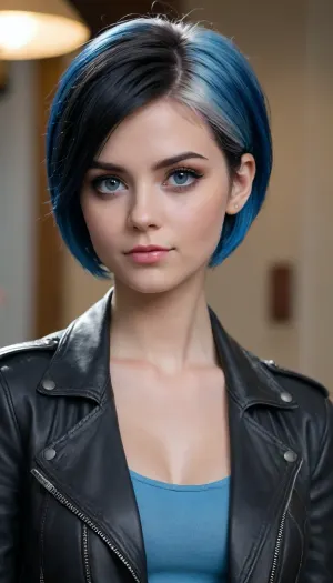 Luna snow de marvel rivals, luna snow de marvel comics., 18 yo, (((Short twocolor hair)), ((withe hair)), (Black hair)), (small black leather rocker jacket), (blue eyes), small blue top ., <lora:580159_training_data:1.7>, <lora:668315_training_data:.1>, <lora:Microwaist_XL_v01:.7>