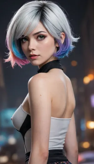Luna snow de marvel rivals, luna snow de marvel comics., (((Short multicolor hair), (withe hair), (Black hair))), ., <lora:580159_training_data:1.7>, <lora:668315_training_data:.1>, <lora:Microwaist_XL_v01:.7>