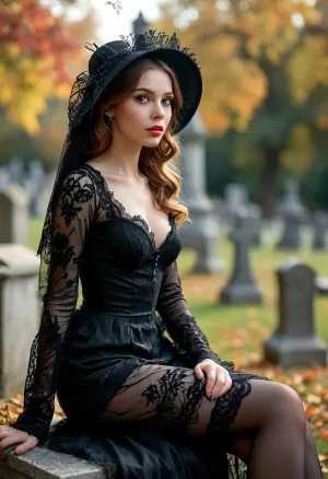 full portrait of a young beautiful widow sitting in a cemetery park monument near the cemetery monument, (smooth pussy is slightly visible under the skirt:1), slutty smile she is wearing a long sleeved intricate lace black widow gown, widow hat, black transparent veil, stockings, front view, upskirt shot, looking away, middle distance, ptheels, high, heels, <lora:ptheels_sdxl_V2-000010:.8>, <lora:DetailedEyes_V3:.8>, <lora:MJ52:.2>