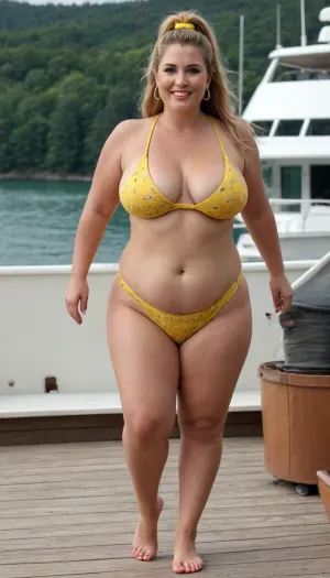 Very horny sexy old mature, 40 years old, huge hoop earrings, make up, fancy and glamour, dark blonde, tan skin, long ponytail hair, very chubby woman, plus size model, small tits, very tiny boobs, extreme chubby bbw, wide shoulders, large hips, thick arms, thick body, sexy naught smile face, very tall, focus on mules heels, very sexy mules, huge culottes, very thick calf, extreme high waisted bikini, very high waisted bikini, yellow flowered bikini, at the boat, full body view, looking at the camera, showing her mules, walking towards the camera, very chubby