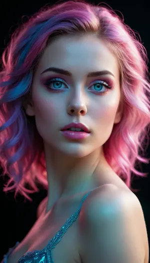 dark energy, intricate design, dark background, predominant pink tones, one woman silhouette, blacklight illumination, spot colors, very aesthetic, vibrant cyan hues. She has a pretty coquettish faded face, elaborate hairstyle, small breasts, detailed crystal eyes, light glowing irises, heartshaped lips, lip gloss, aroused skin, she exhales, dramatic sunset, long shadows, dreamy mood, detailed photo, photorealistic photo, realistic pretty women photo, night vision, soft fokus, parallax, overexposure. #©KITTYART



































#©KITTYART