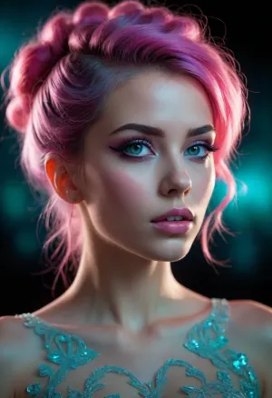 dark energy, intricate design, dark background, predominant pink tones, one woman silhouette, blacklight illumination, spot colors, very aesthetic, vibrant cyan hues. She has a pretty coquettish faded face, elaborate hairstyle, small breasts, detailed crystal eyes, light glowing irises, heartshaped lips, lip gloss, aroused skin, she exhales, dramatic sunset, long shadows, dreamy mood, detailed photo, photorealistic photo, realistic pretty women photo, night vision, soft fokus, parallax, overexposure. #©KITTYART



































#©KITTYART