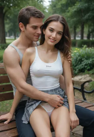 A tall young very beautiful 18-year-old Russian girl in a tank top and a spacious skirt sits on a guy's lap and hugs his neck On a bench in the park, (white panties), (A fully clothed guy), a slut smile, The chest is medium, (the guy's hand under the skirt on the girl's crotch), groping, grabing, High detail, excellent image quality
