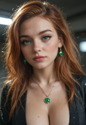 woman, female, 20 years old, beautiful exotic face, long ginger hair, messy hairstyle, very green eyes, freckles, makeup, blushing, (very long eyelashes:1.3), extreme deep cleavage, large breasts, eye contact, cyber punk, glowing green gem, in space, dark starship, high detailed