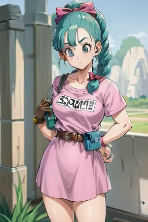 flawless, clean, masterpiece, professional artwork, famous artwork, perfect face, solo, bulma with medium breasts in a, (pink minidress with, (the word bulma on it)), and a belt with a fanny pack at green rocky outdoors with grass fields, aqua eyes, aqua hair, purple scarf, dragon, ball, blmpony, aqua, hair, ribbon, braided, ponytail, pink, shirt, belt, scarf, skirt, clothes, writing, brown, gloves, medium, breasts, blmsdup, bulma, one, side, up, dress, long, sleeves, collarbone, blmlong, blunt, bangs, <lora:bulma_v1:.8>