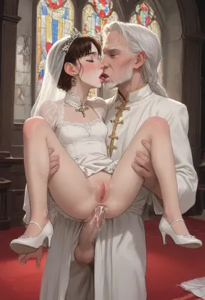 (bride cheating on husband with priest), old priest suspending young bride by her legs while fucking her asshole, standing anal sex, spreading her legs, suspending petite young girl by her legs, reverse suspended congress position, detailed anal penetration, they're french kissing during anal sex, anal creampie, in crowded church, incase, style, <lora:ratatatat74-000050:.9>, <lora:outline_xl_kohaku_delta_spv5x:.5>, <lora:cartoon_stickers_xl_v1:.6>, <lora:NEOTOKIOXL_0.2_RC:.4>, <lora:lora-sdxl-perfect-eyes:.5>