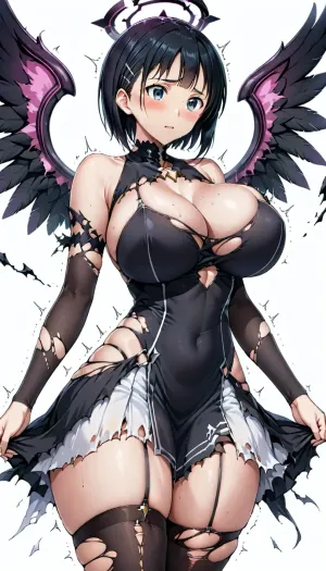 Suguha Kirigaya from sword art online, big breast, body trembling, white background, angel corruption, broken halo, black wings, torn legwear