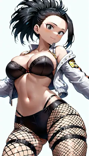 momo yaoyorozu from my hero academia, white background, sexy jacket, strapless bra, fishnet, big breast, seen from below