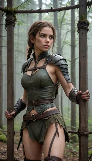 ** Description for the image generator, ** A girl in a tattered medieval tunic of coarse linen, with frayed edges and traces of dirt, stands in an iron cage that resembles an animal enclosure. Her hair is disheveled, her eyes are fearfully defiant, and her fingers are gripping the bars as if she's trying to defend herself. The cage is surrounded by a misty forest thicket, rusty spikes on the bars and shadows from the branches add to the sense of confinement. There are two hunters around, men in worn leather armor, daggers on their belts and crossbows on their backs. Their postures are aggressive — one is leaning toward the cage, grinning, his hand reaching for the lock, the other is half-turned, eyeing the captive with carnivorous interest. The hunters ' faces are a mixture of cruelty and lustful curiosity, narrowed eyes, stiff neck muscles, greasy grins. **Details to draw, **, **Textures, ** focus on the frayed fabric of the tunic, the gleam of the metal of the cage, the roughness of the tree bark in the background., **Lighting, ** the dim moonlight filtering through the fog creates sharp shadows on the hunters ' faces and glare on their weapons., **Emotions, ** fear and resistance in the girl's eyes, contrasting with the predatory passion of men., **Environment details, ** moss on the ground, broken branches underfoot, cobwebs in the corners of the cage. — * * Colors, ** a muted palette, (gray-green tones of the forest, dark brown leather of armor), with an emphasis on the pallor of the girl's skin and bloody reflections on metal. — * * Composition, ** a bottom view that highlights the threatening position of the hunters, a light haze for an atmosphere of alarm. **Technical instructions, ** Use ultra-detailed rendering for the characters ' faces and hands, 8K texture resolution for rendering small elements, (such as scratches on bars), and dynamic lighting with soft shadows. Add a motion blur to the background to focus your attention on the cell. * Restriction, The description does not contain explicit scenes of violence, but implies a tense atmosphere.*, fantasy, scaled, humanoid, 4ng3l, face, <lora:add-detail-xl:.5>, <lora:SDXL_BetterFaces-LoRA_v1:.5>