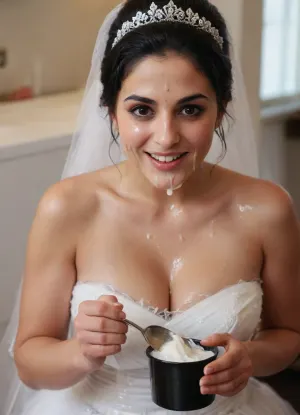 side view. black plastic container, A sexy Iranian bride in her white wedding dress sits casually, black hair, brown eyes, eating a thick, clear-white sperm from a small black plastic container with a spoon. The cum has a glossy, semi-transparent, milky appearance — thick, sticky, and highly viscous, stretching slowly as she lifts it with the spoon. Its texture is gooey and elastic, with long, stringy drips forming between the spoon and the container. The bride looks amused and playful, smiling mischievously as she engages in this odd moment. The contrast between her elegant look and the strange act creates a quirky and humorous scene. Soft wedding decorations or a bridal suite are in the background, adding charm and irony to the moment., woman, cum, on, face, W3dd1ng, <lora:Adjust_SDXL_v3.0:.8>, <lora:JustCum:2>, <lora:W3dd1ng:.6>, <lora:milkers_v2:.8>