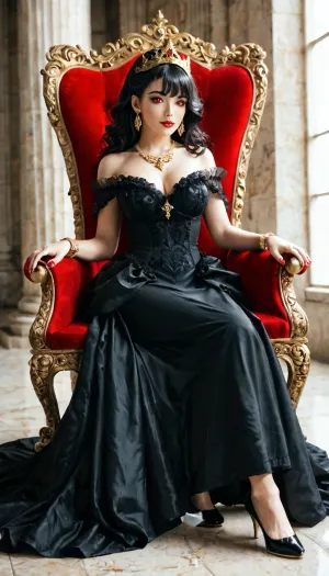 gold fleur delise earrings and necklace, wavy black hair with bangs, big irises, vampire queen, red eyes, large jeweled crown, black royal gown, sitting on throne, full body view, gold bracelets, gold royal heels