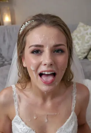 3/4 body shot of happy woman wearing wedding dress with cum on her forehead, facial, <lora:Facials:.5>, open mouth, (cum in mouth:1.3), <lora:JustCum:.5>