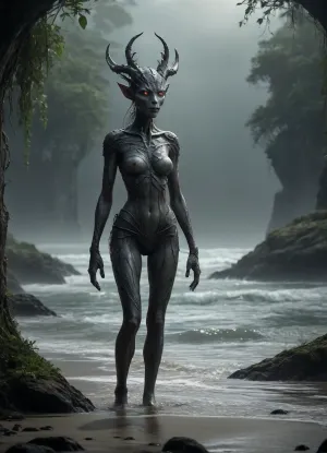 The scene is made on the ocean shore with vegetation in the style of dark fantasy-a dystopia with a very detailed and atmospheric environment. The world in the water is magically infected with glowing anomalies, perverted nature, and the remnants of vanished civilizations. The light is unnatural, casting eerie shadows . Creature girl and characters \ \ mystical, hybrid, animal-like anthropomorphic creatures with dangerous or wild traits. The art style combines elements of medieval fantasy.