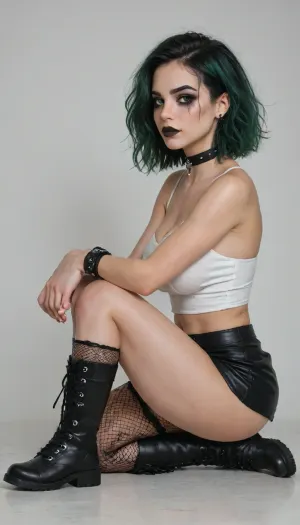 side view, The girl, (White background), sitting on the floor, on her knees, legs together, the girl has white and green hair, a gothic appearance, Goth girl, black lipstick, smoky eyes makeup, smeared mascara, a choker on her neck, a piercing, wristbands on her hands, combat boots and fishnet tights on her feet, with a white short skirt on which there is a chain, sitting on her knees and with her legs together, she is dressed in a white bustier, the bustier is gothic huge breasts.