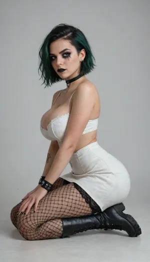 side view, The girl, (White background), sitting on the floor, on her knees, legs together, the girl has white and green hair, a gothic appearance, Goth girl, black lipstick, smoky eyes makeup, smeared mascara, a choker on her neck, a piercing, wristbands on her hands, combat boots and fishnet tights on her feet, with a white short skirt on which there is a chain, sitting on her knees and with her legs together, she is dressed in a white bustier, the bustier is gothic huge breasts.