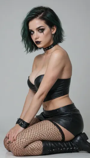 side view, The girl, (White background), sitting on the floor, on her knees, legs together, the girl has green hair, a gothic appearance, Goth girl, black lipstick, smoky eyes makeup, smeared mascara, a choker on her neck, a piercing, wristbands on her hands, combat boots and fishnet tights on her feet, with a short skirt on which there is a chain, sitting on her knees and with her legs together, she is dressed in a bustier, the bustier is gothic huge breasts.