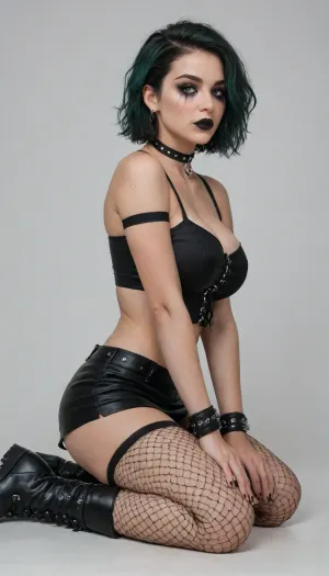 side view, The girl, (White background), sitting on the floor, on her knees, legs together, the girl has green hair, a gothic appearance, Goth girl, black lipstick, smoky eyes makeup, smeared mascara, a choker on her neck, a piercing, wristbands on her hands, combat boots and fishnet tights on her feet, with a short skirt on which there is a chain, sitting on her knees and with her legs together, she is dressed in a bustier, the bustier is gothic huge breasts.