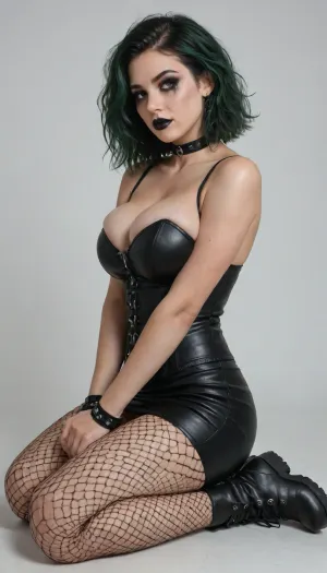 side view, The girl, (White background), sitting on the floor, on her knees, legs together, the girl has green hair, a gothic appearance, Goth girl, black lipstick, smoky eyes makeup, smeared mascara, a choker on her neck, a piercing, wristbands on her hands, combat boots and fishnet tights on her feet, with a short skirt on which there is a chain, sitting on her knees and with her legs together, she is dressed in a bustier, the bustier is gothic huge breasts.