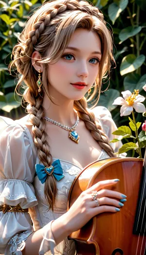 The composer's muse, surrounded by a whirlwind of notes. She creates a symphony that makes hearts beat faster. Her hair is braided into braids adorned with flowers. Fantasy, bright colors, musical instruments, notes, magic, <lora:add-detail-xl:.8>
